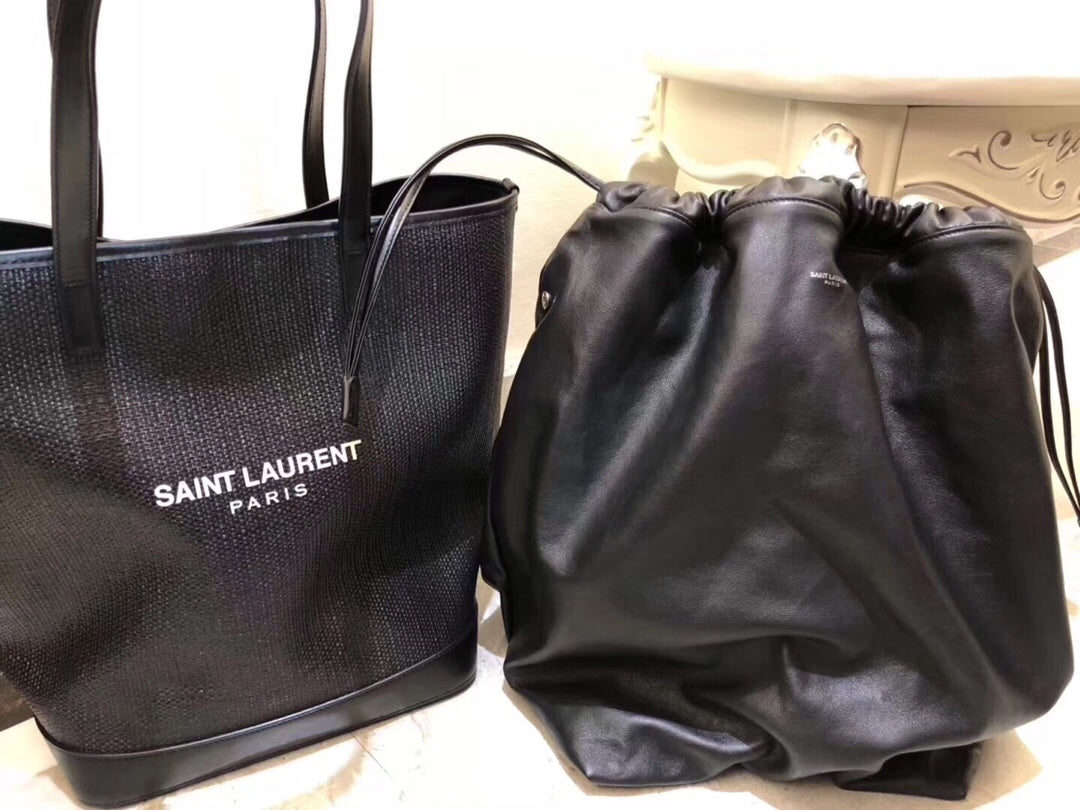 YSL Saint Laurent Teddy Handle 13in 33cm 96W1E Canvas Black Medium Bucket Tote Bag