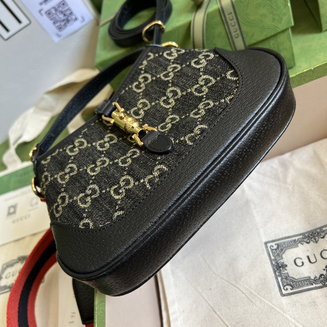 gg Jackie Ivory gg Jacquard Denim Black Mini Shoulder Bag