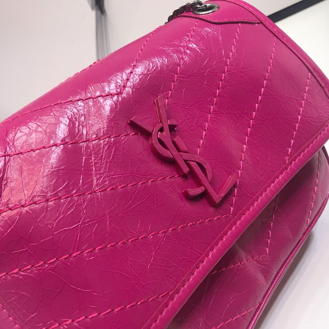 YSL Saint Laurent Niki Baby Crinkled Dark 8in Pink Chain Travel Bag