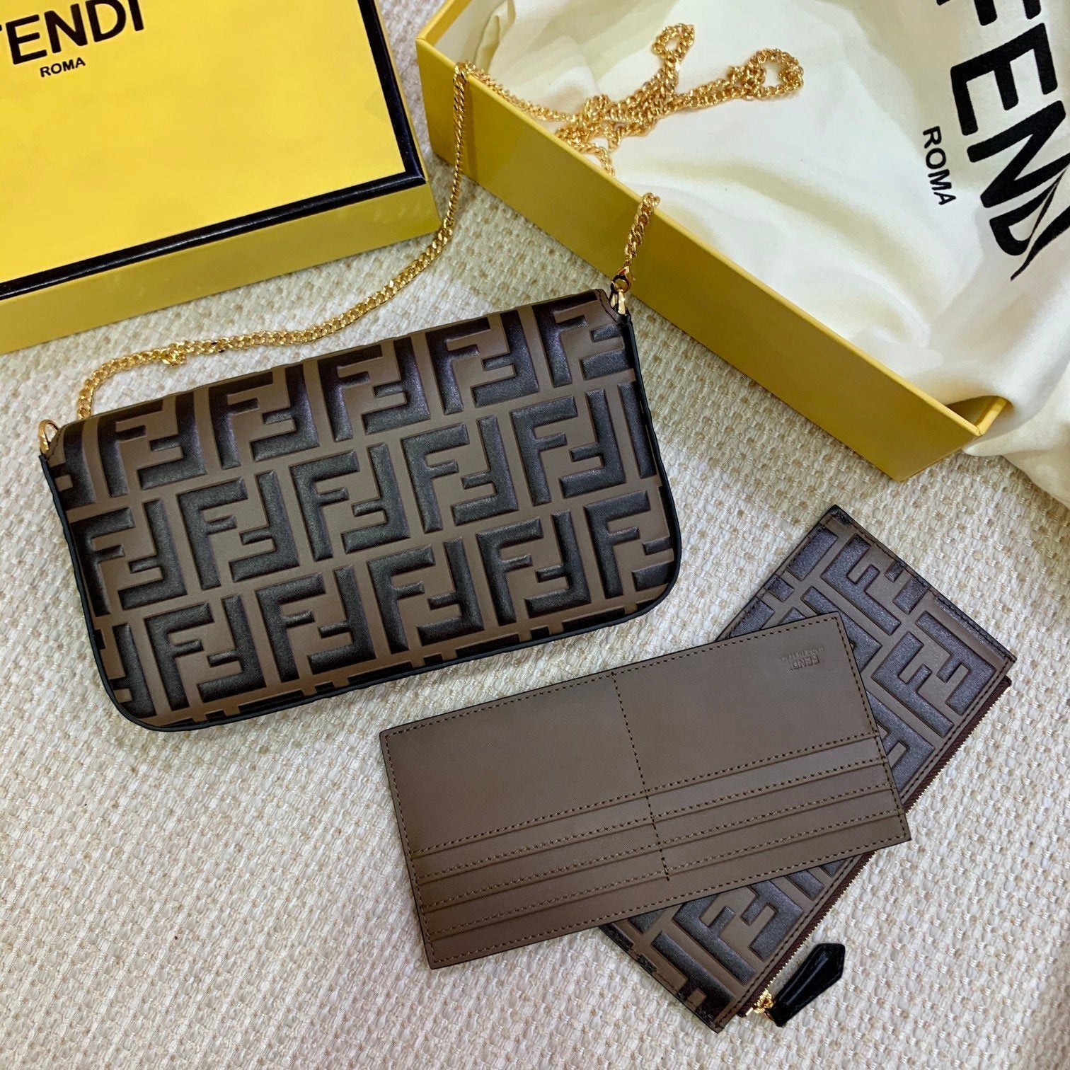 Fendi Top QualityTop Quality Wallet On Brown Chain FF Crossbody Bag