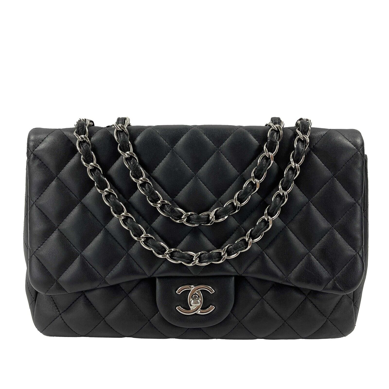 CHANEL - Jumbo Classic New CC Quilted Black Lambskin Shoulder Bag / Crossbody