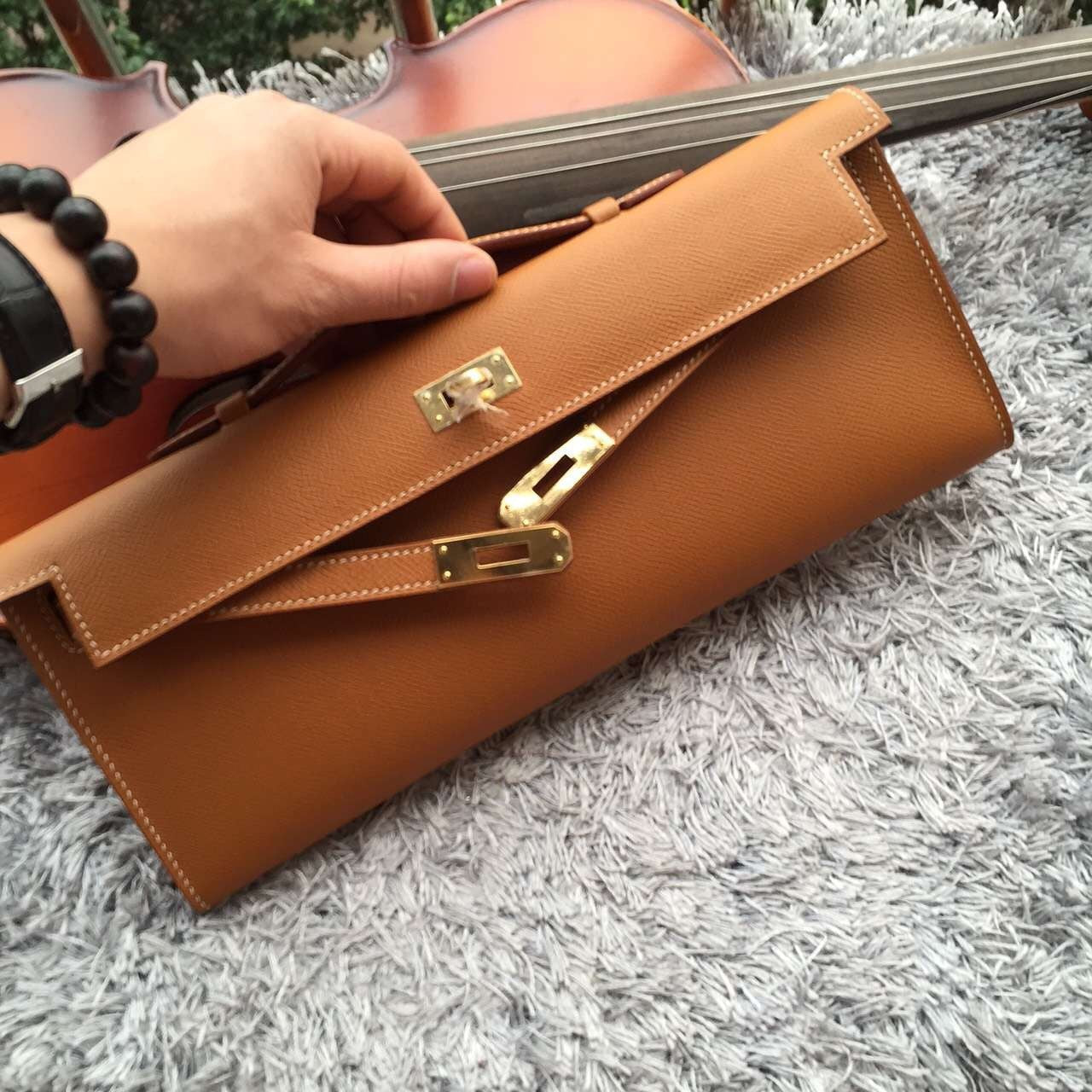Hermes Luxury Handcrafted Kelly Cut Clutch Handbag Brown Clutch Bag
