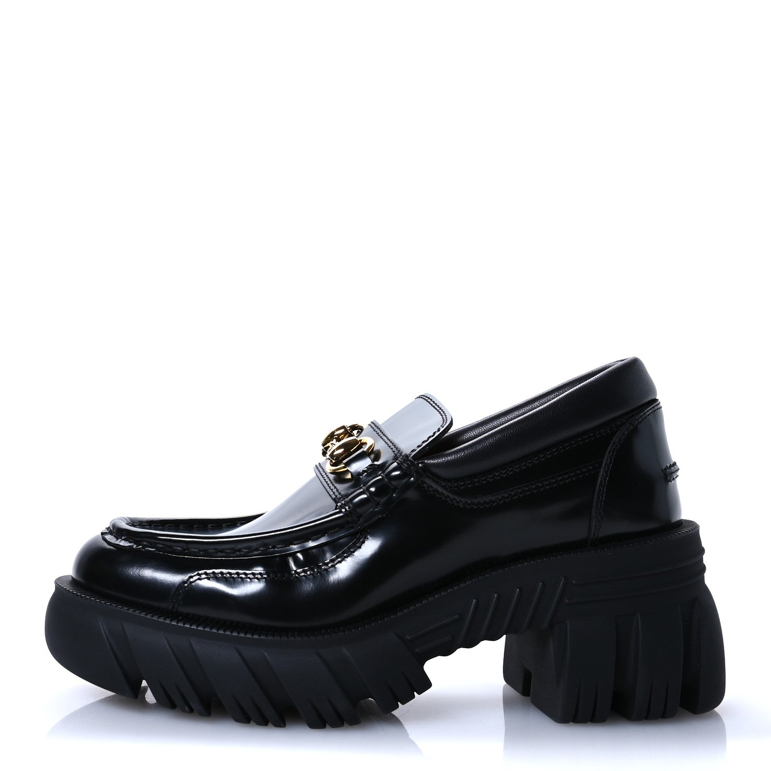 Gucci Magnum Calfskin Nappa Samoa Womens Horsebit Platform Chunky Lug Sole 40mm Loafers 35 Black