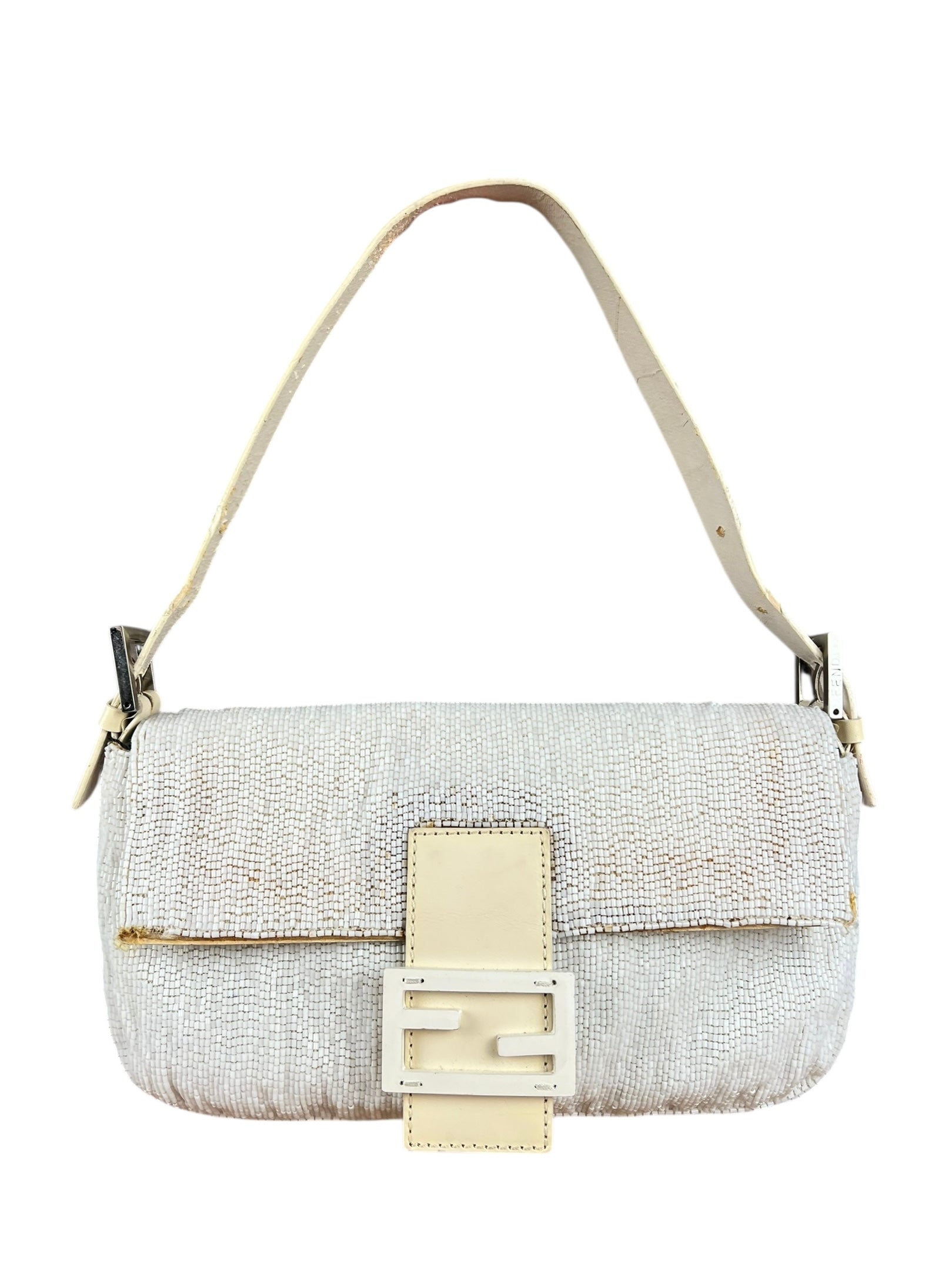 Fendi Handbag Beaded Baguette White Shoulder Bag