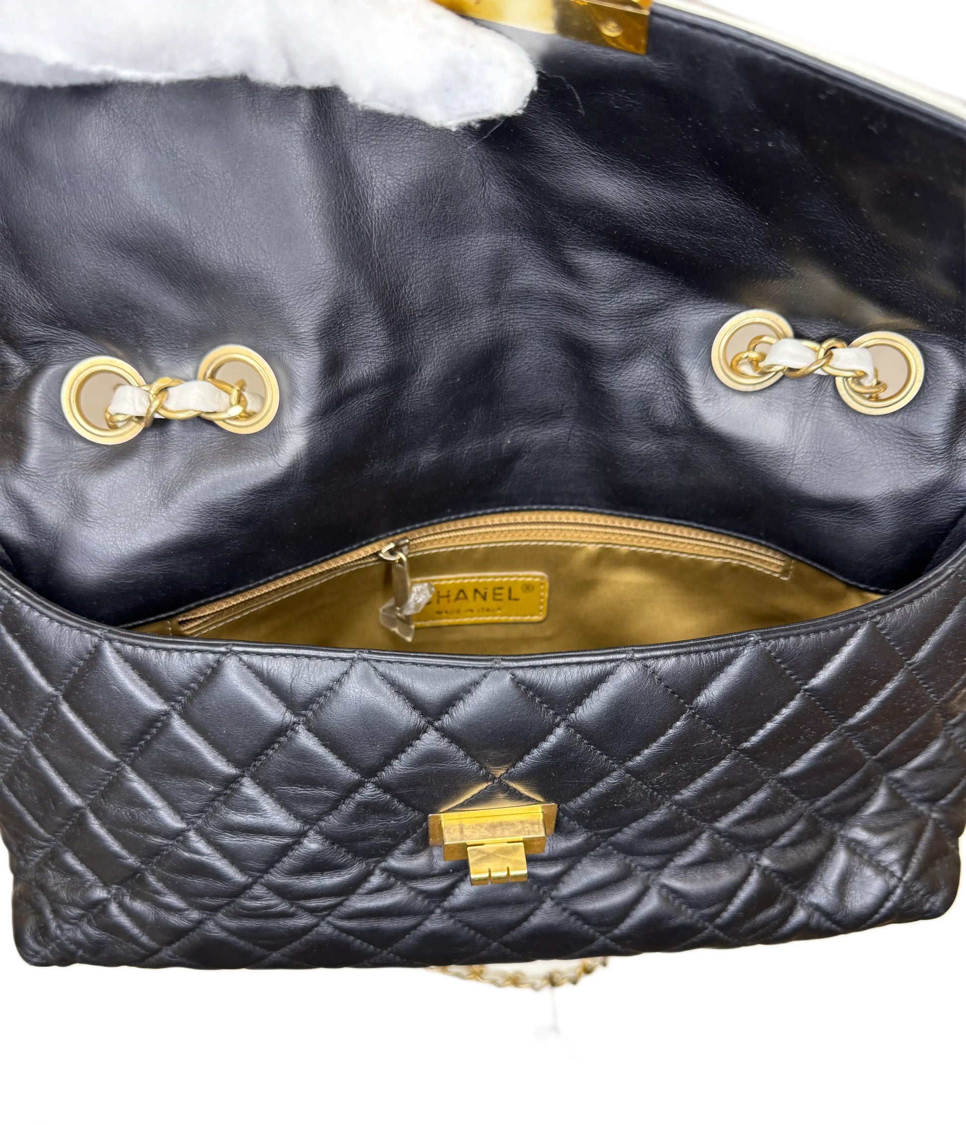 Chanel Glazed Calfskin . East West Mademoiselle Flap Black White B-