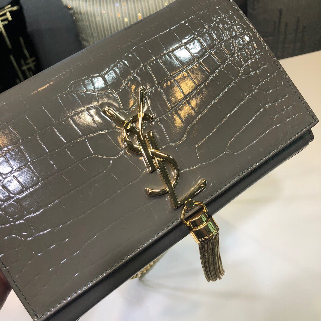 YSL Saint Laurent Kate Tassel Embossed 7.8in 20cm Green Small Chain Handbag