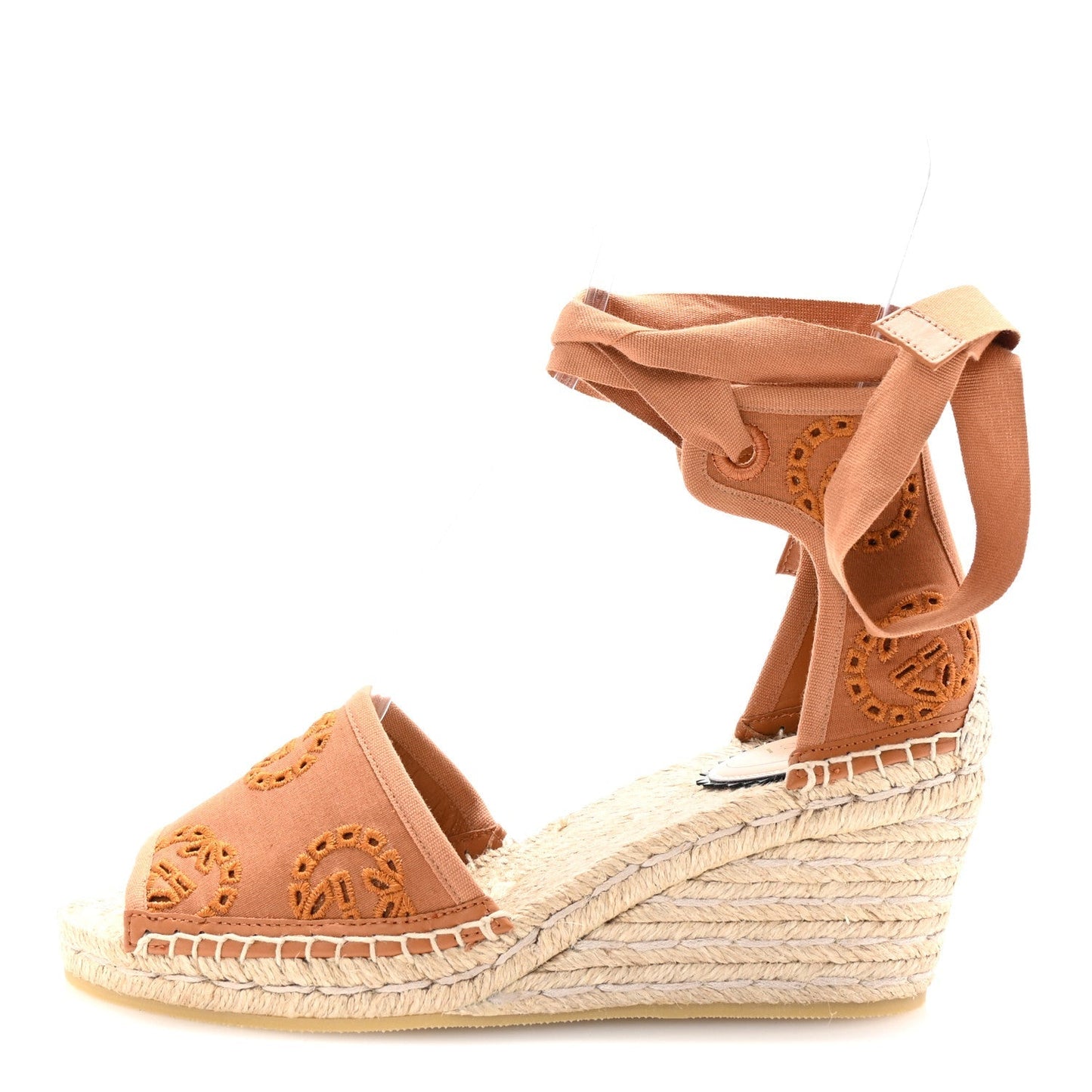 Gucci Canvas Damita GG Eyelet Espadrille Wedge Sandals 37 Blondie Cognac
