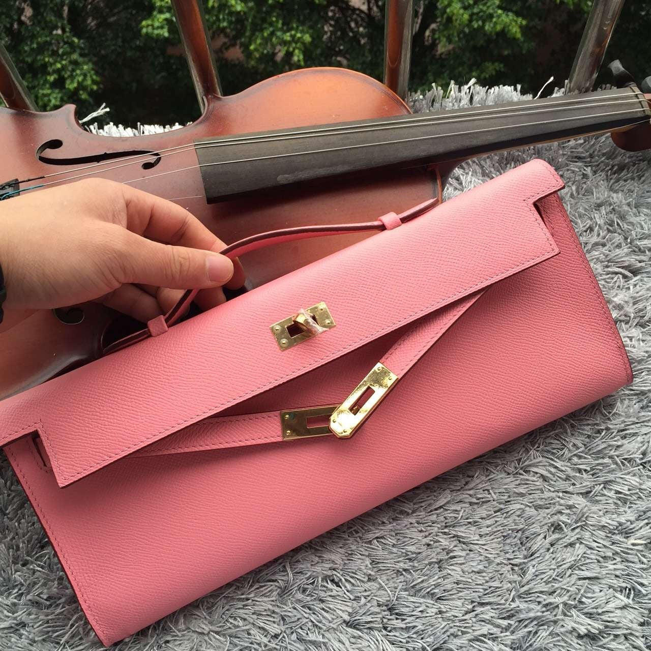 Hermes Luxury Handcrafted Kelly Cut Clutch Handbag Pink Clutch Bag
