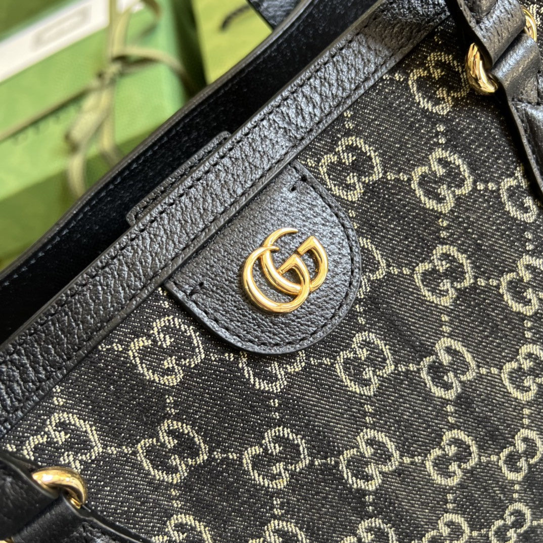 gg Ophidia Web Ivory gg Denim Black Medium Tote Bag