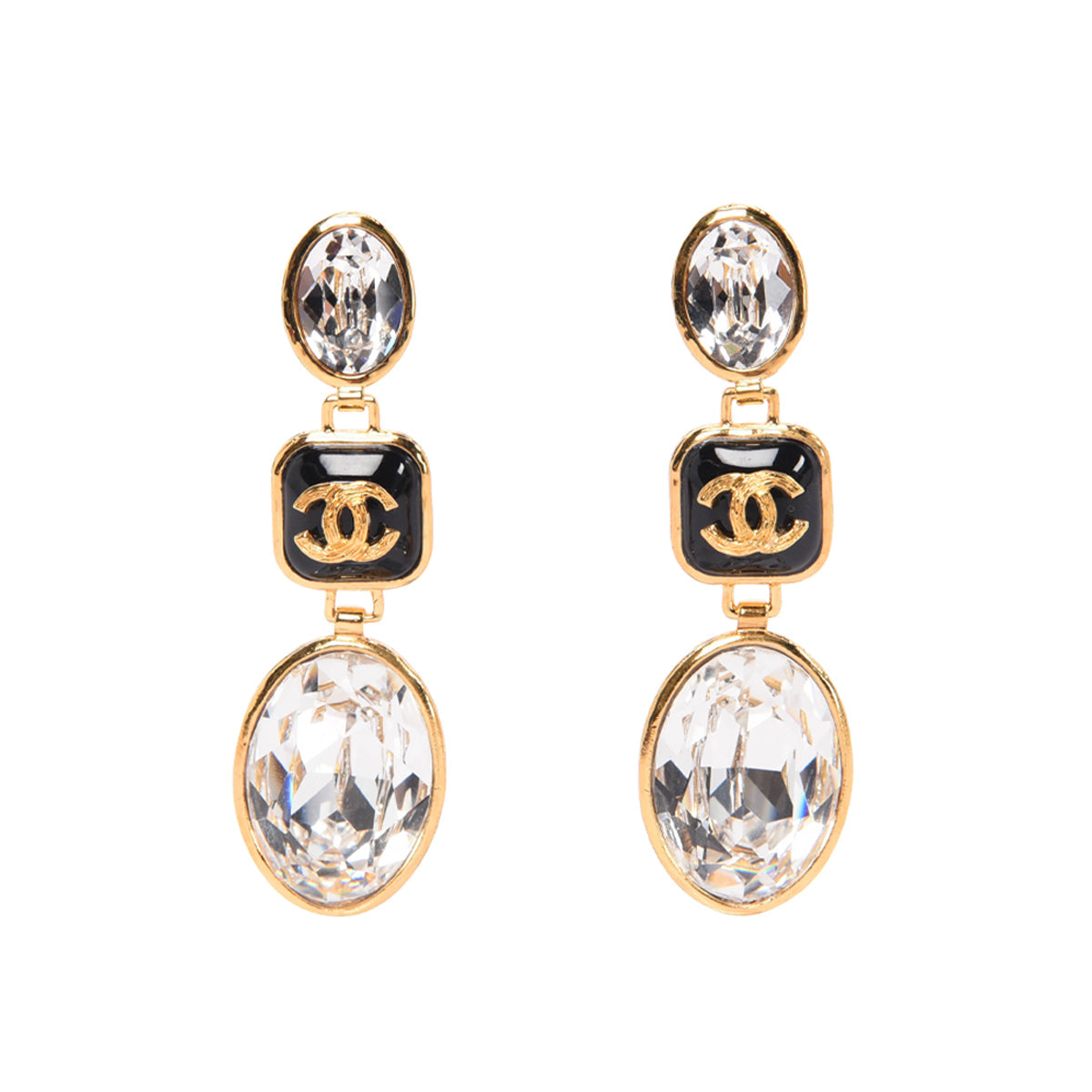 Chanel Gold & Black Crystal Cc Clip-On Earrings