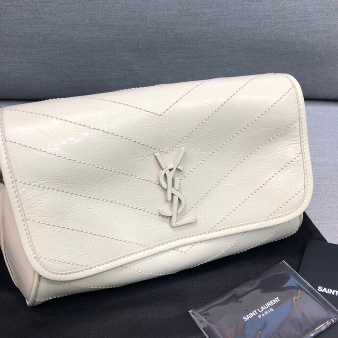 YSL Saint Laurent Niki Crinkled 11in 28cm White Medium Shoulder Bag