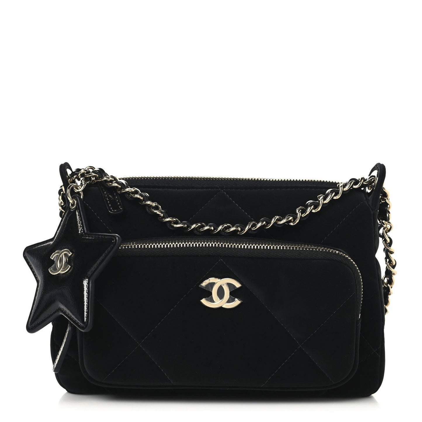 Chanel Velvet Effect Nylon Shiny Crumpled Calfskin Quilted 25 Clutch With Chain Black