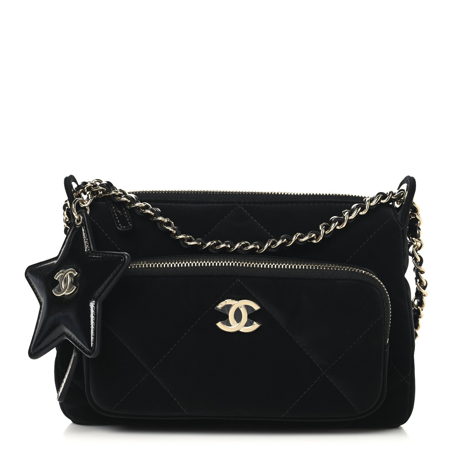 LV Ve Et Effect Nylon Shiny Crumpled Calfskin Quilted Chanel 25 Clutch with Chain Black