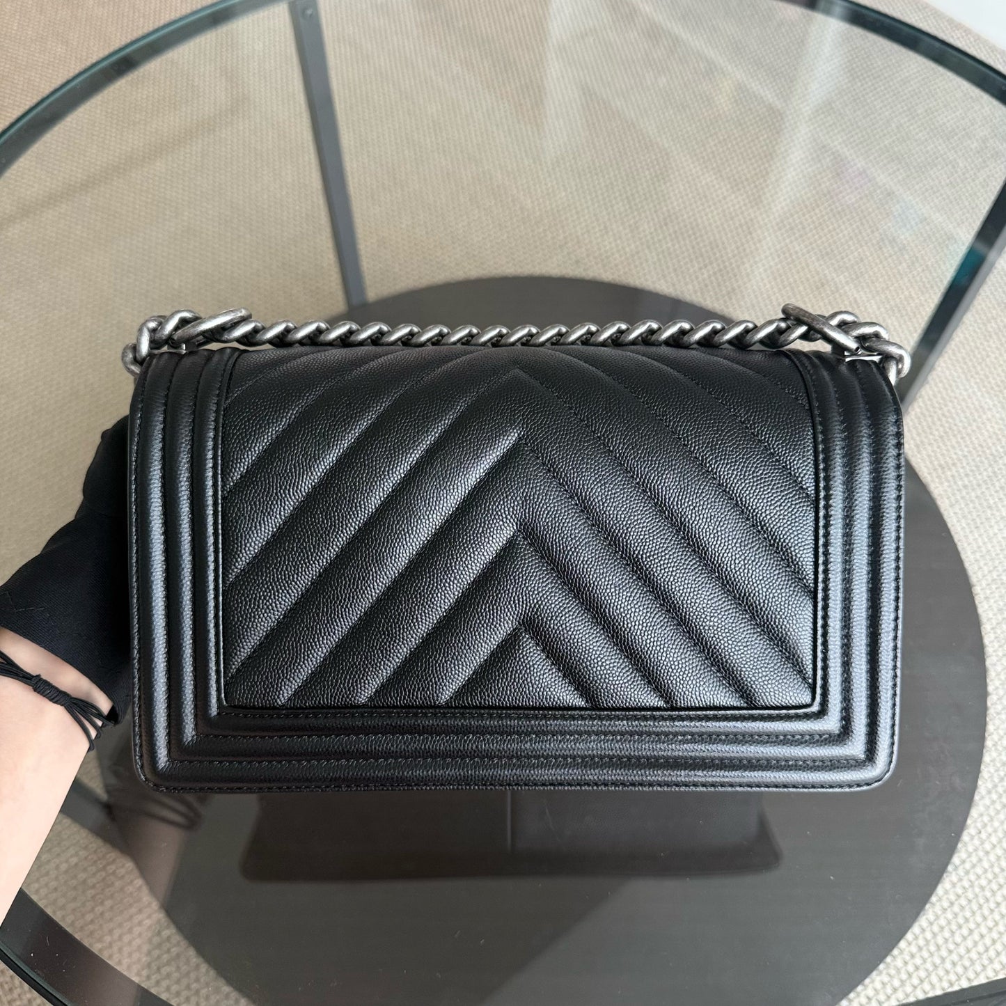 Chanel Boy Medium - Caviar 25CM Chevron Black Ruthenium Silver Hardware Series 24