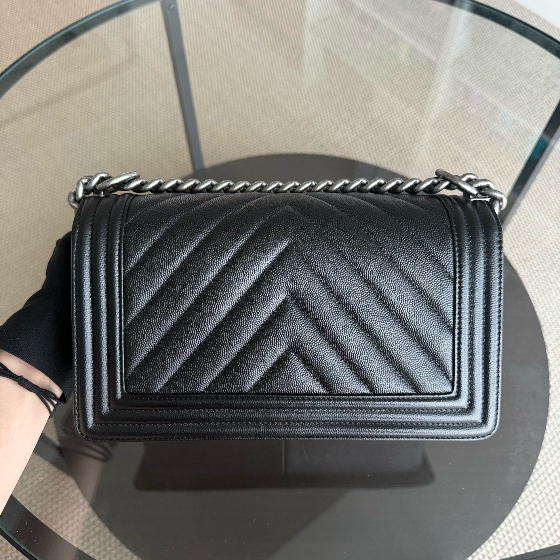 Chanel Boy Medium - Caviar 25CM Chevron Black Ruthenium Silver Hardware Series 24