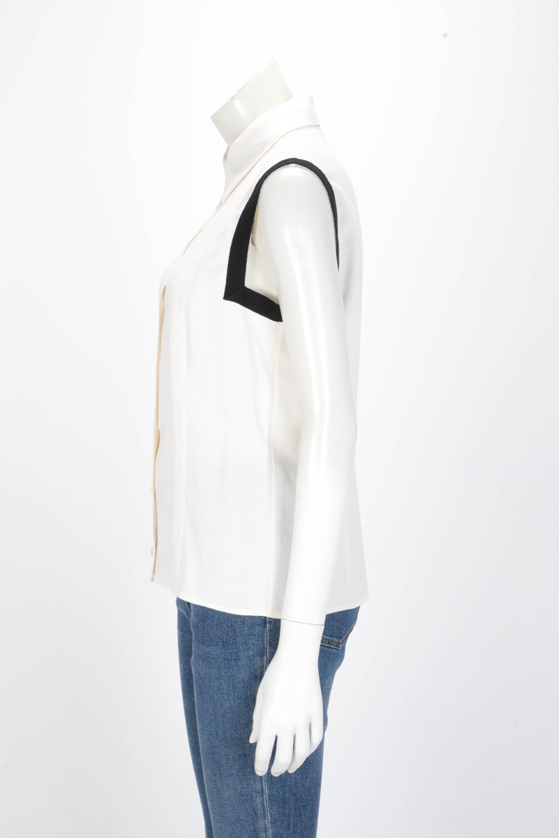 Chanel Ecru & Black Crepe Detail Trim Top FR 40