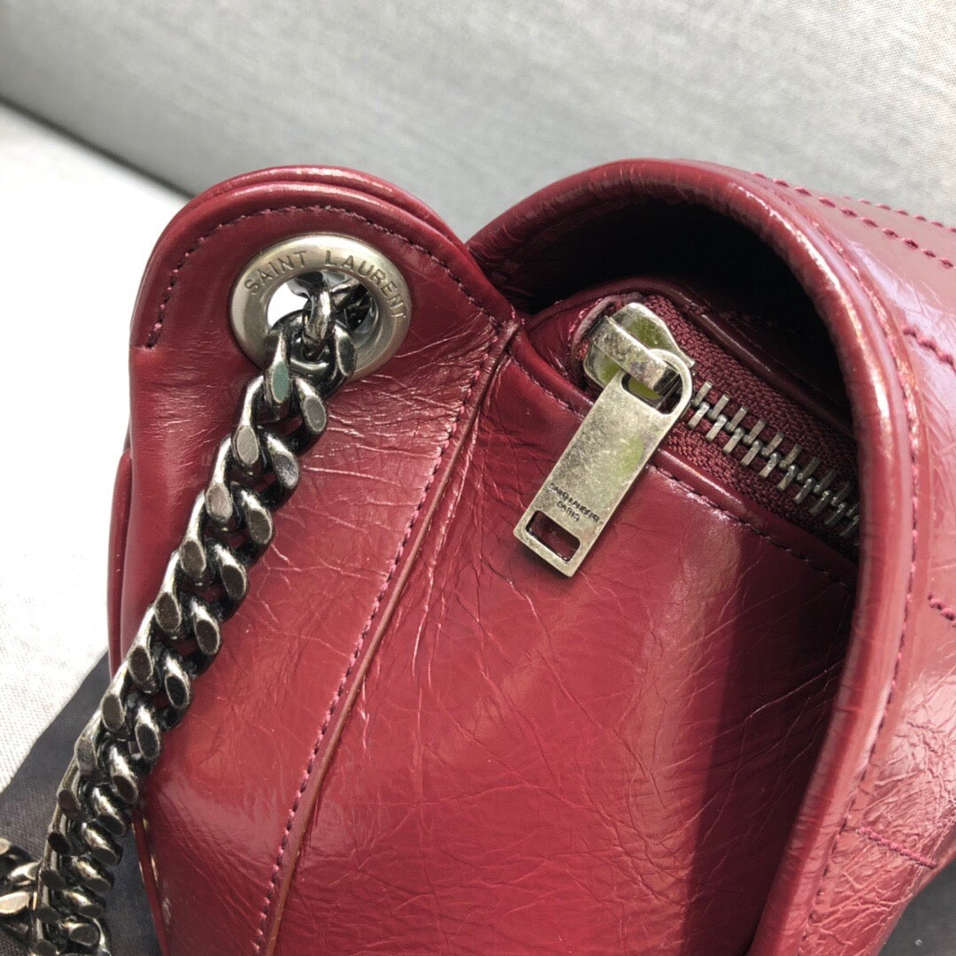 YSL Saint Laurent Niki Crinkled Burgundy 11in 28cm Medium Shoulder Bag