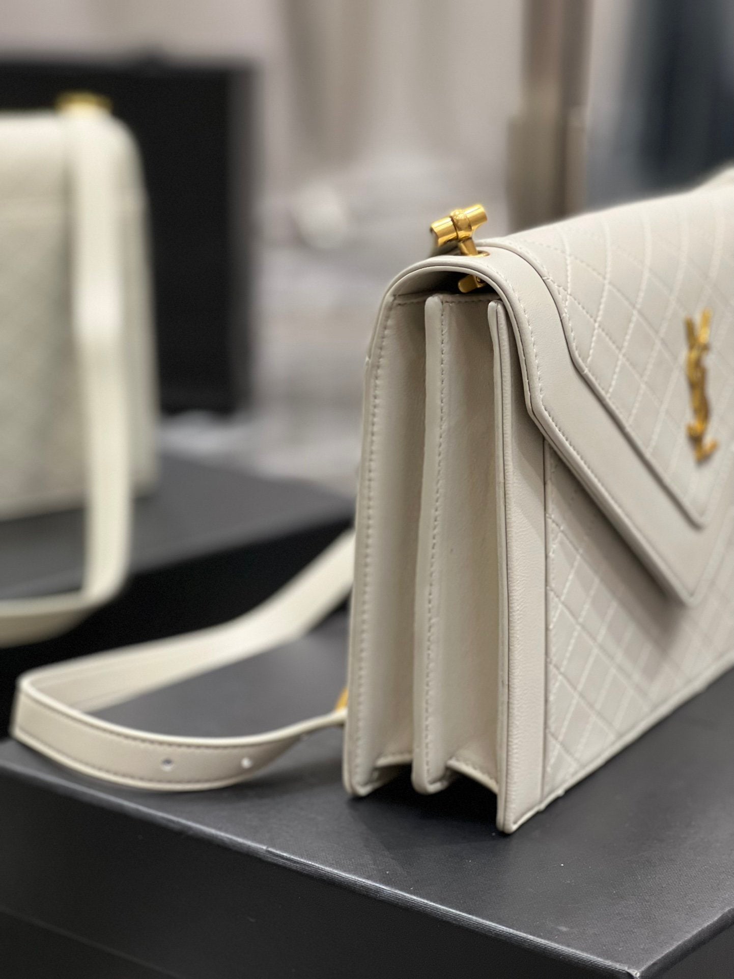 YSL Saint Laurent Gaby Toned Hardware 10in 26cm White Gold Satchel Bag
