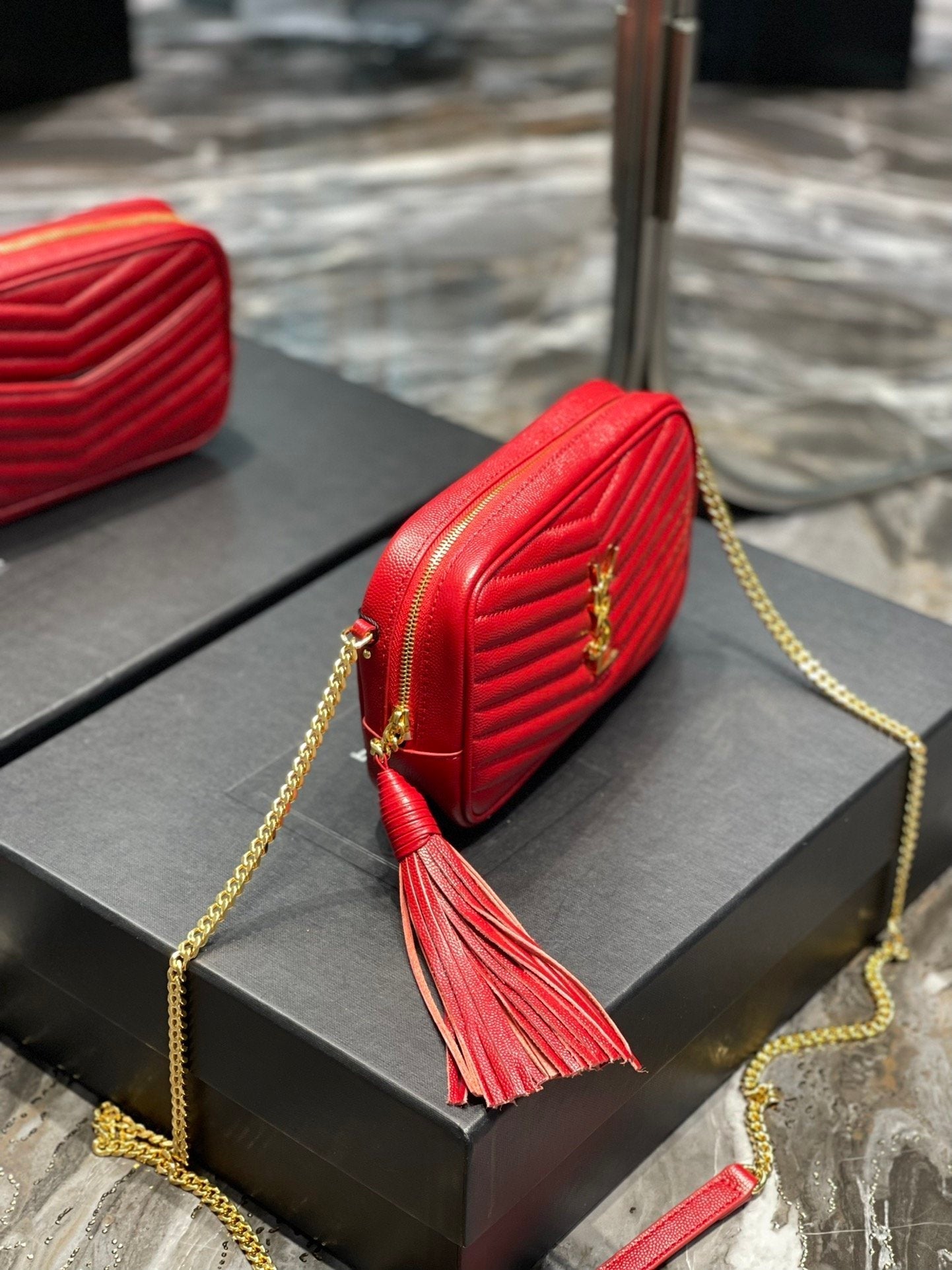 YSL Saint Laurent Lou Hardware 7in 19cm Grain De Poudre Quilted Red Gold Mini Bag