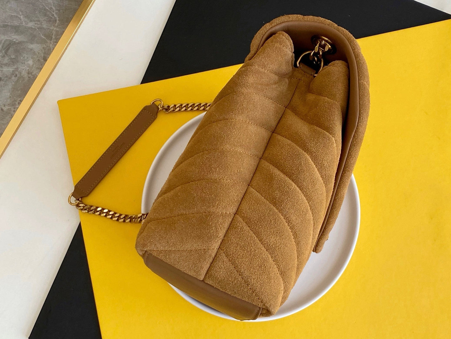 YSL Saint Laurent Loulou Chain "Y" Hardware 12.5in Matelasse Brown Gold Medium Handbag