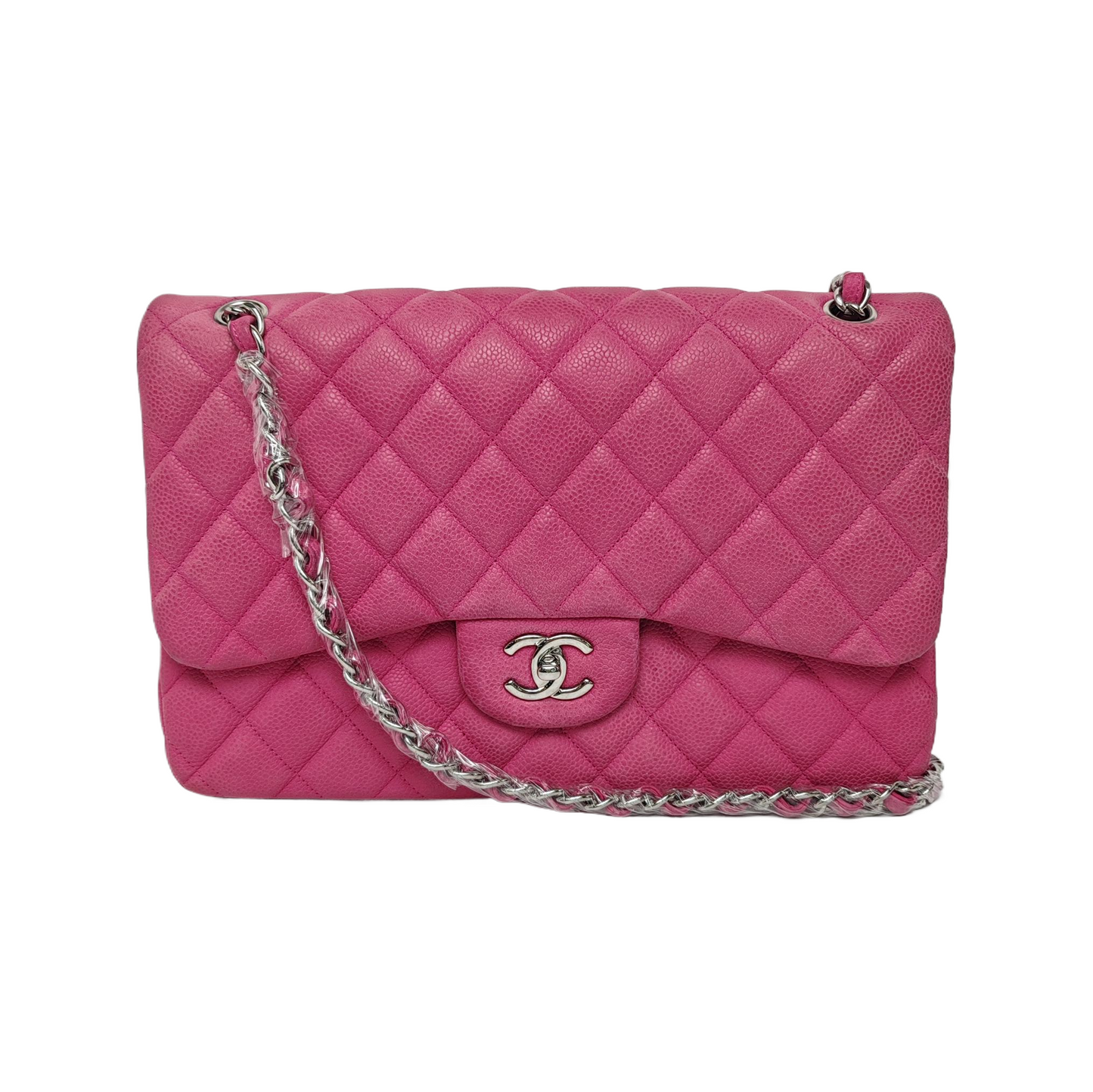 Chanel Classic Flap Jumbo Caviar Double Flap Pink Silver Leather Handbag
