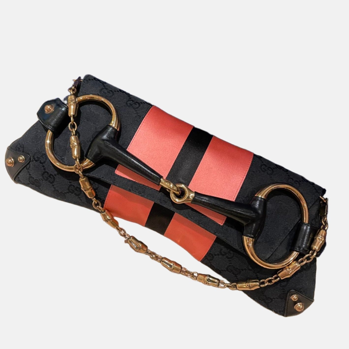 Gucci Horsebit Chain Silk Monogram Black Pink Large Shoulder Bag Silk 1
