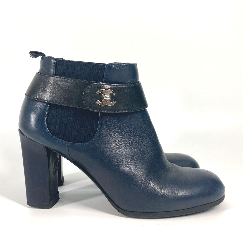 CHANEL boots G29293 leather Navy short boots shoes shoes heels CC COCO Mark Turnlock Women 37.5  