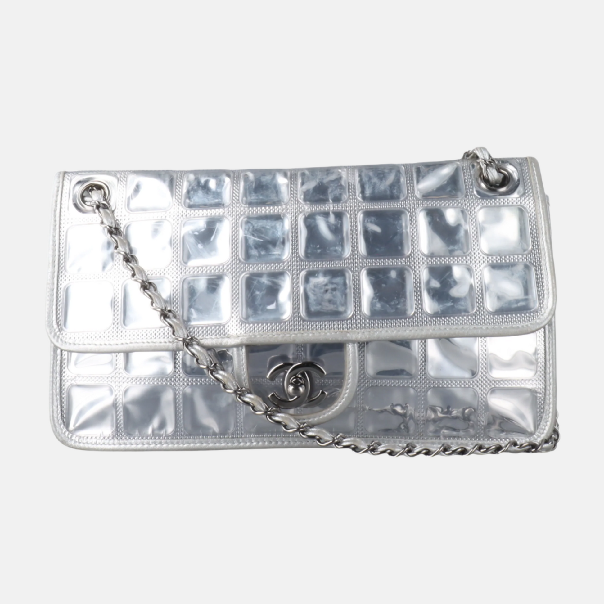 Chanel Ice Cube Chocolate Bar Classic Flap Silver Leather Handbag 4