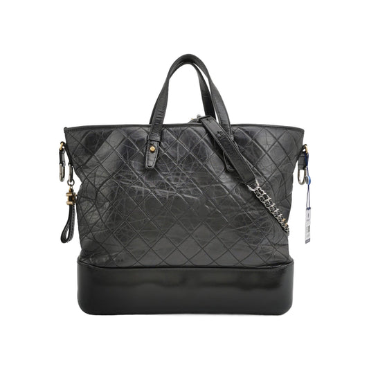 Chanel Gabrielle Crumbled Calfskin Hardware Black Silver Leather Tote Bag