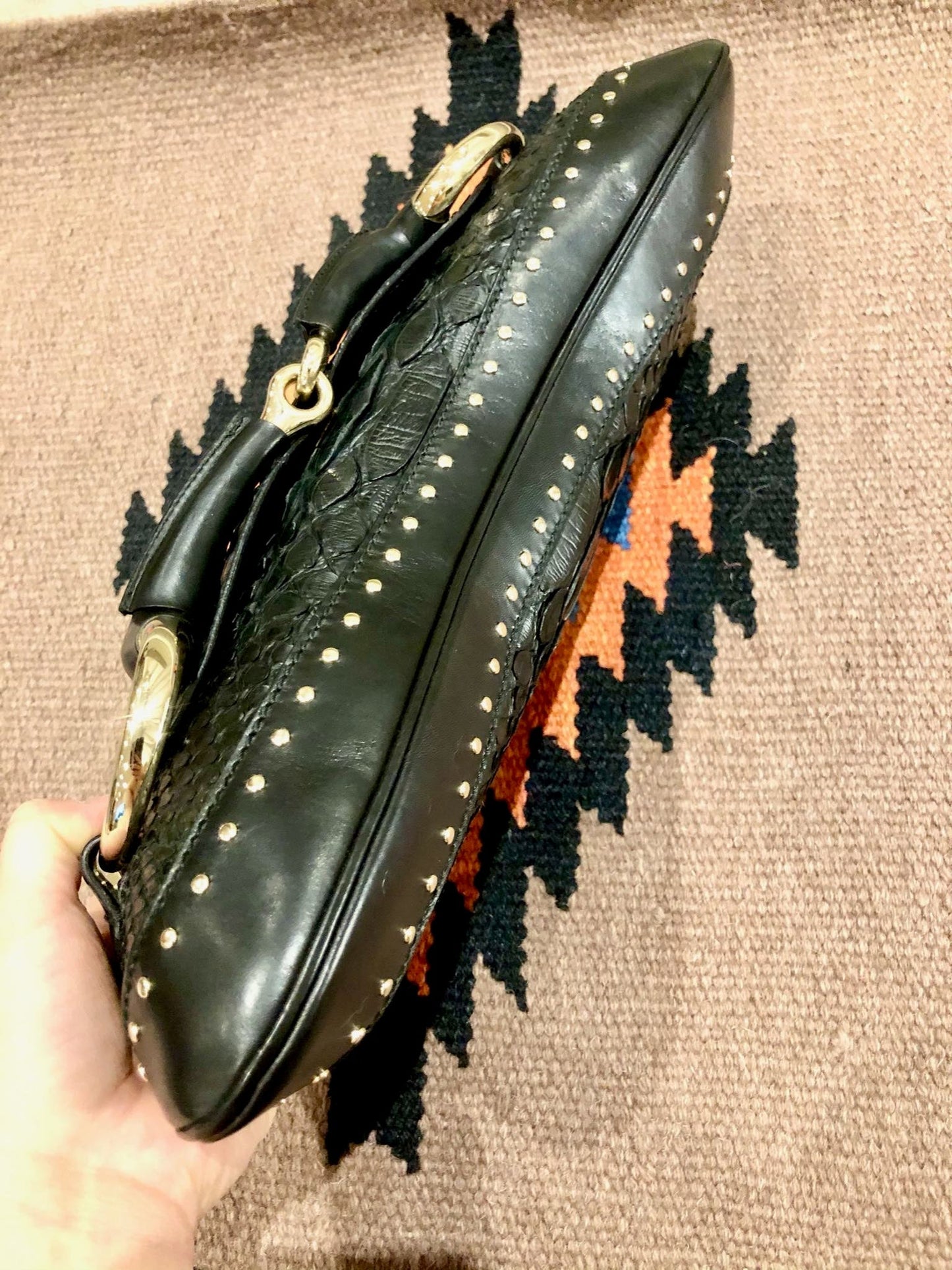 Gucci Horsebit Chain Leather Crocodile Black Large Shoulder Bag