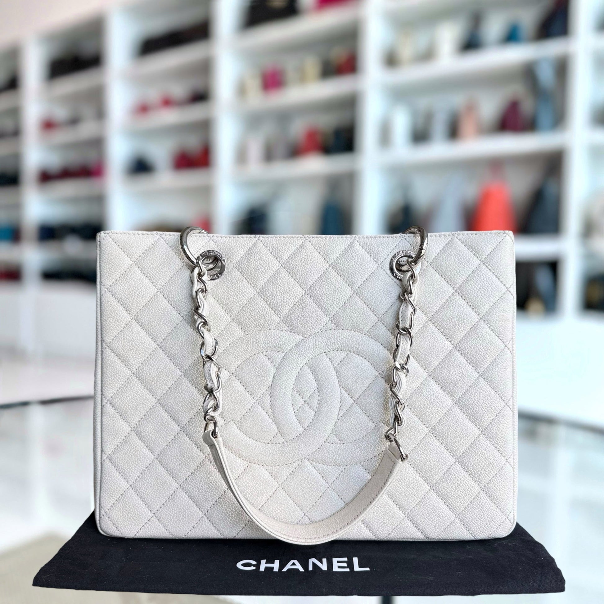Chanel GST Grand Shopping Tote - Caviar Quilted White Silver Hardware Series 18