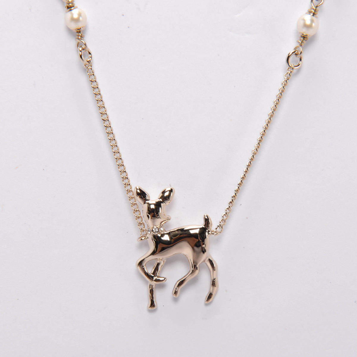 Chanel Light Gold Pearl & Crystal Doe Pendant Necklace