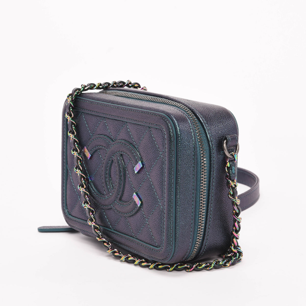 Chanel Dark Turquoise Iridescent Caviar CC Filigree Vanity with Chain Handbag