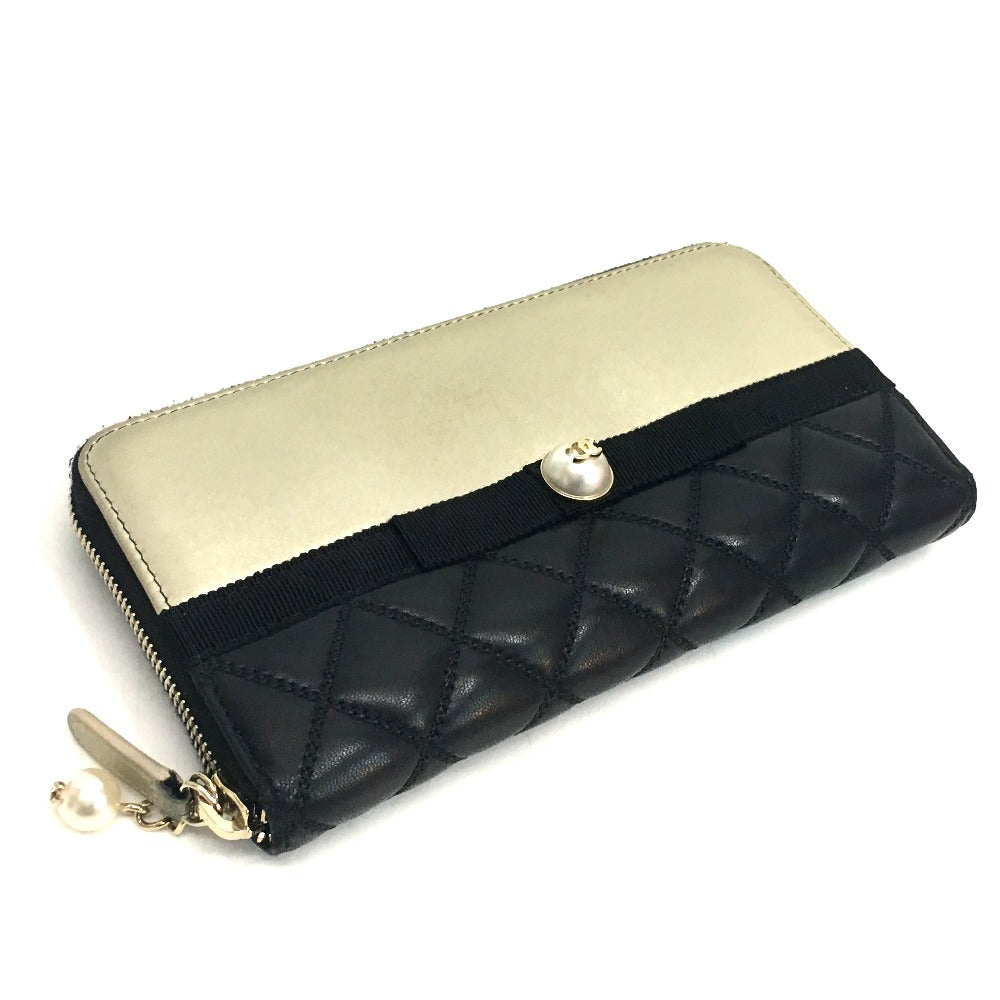 CHANEL Long Wallet Purse A82472 lambskin Champagne Gold x Black Pearl ribbon Matrasse Women