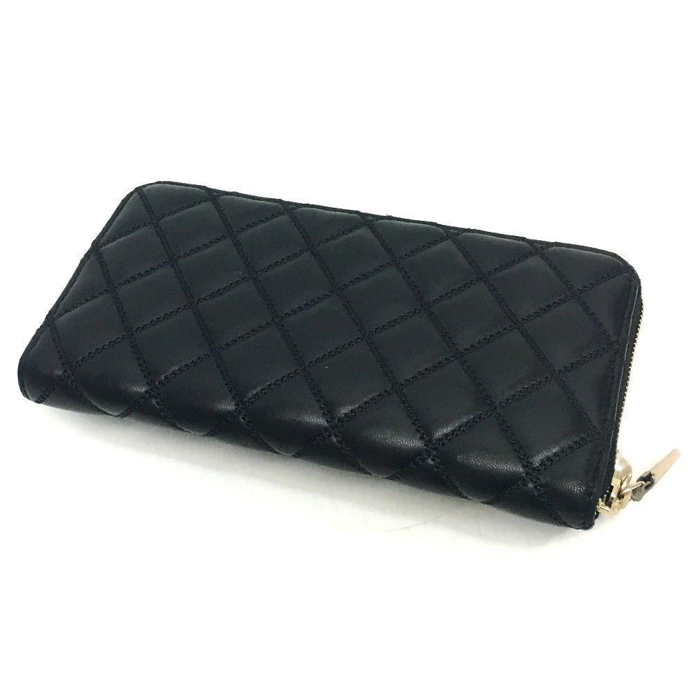 CHANEL Long Wallet Purse A82472 lambskin Champagne Gold x Black Pearl ribbon Matrasse Women