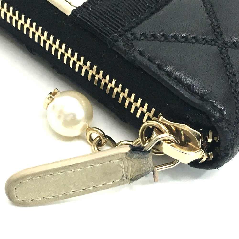 CHANEL Long Wallet Purse A82472 lambskin Champagne Gold x Black Pearl ribbon Matrasse Women