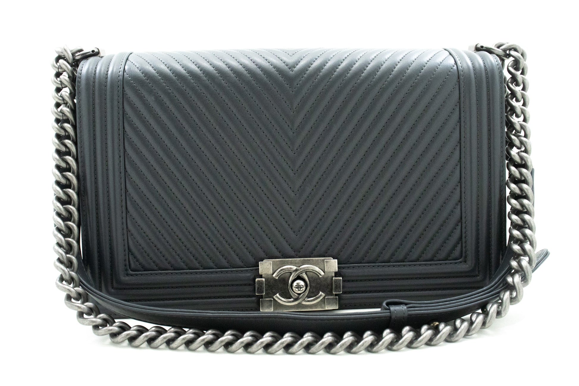 Chanel Boy Dark Gray V-Stitch Chain Shoulder Bag Quilted New