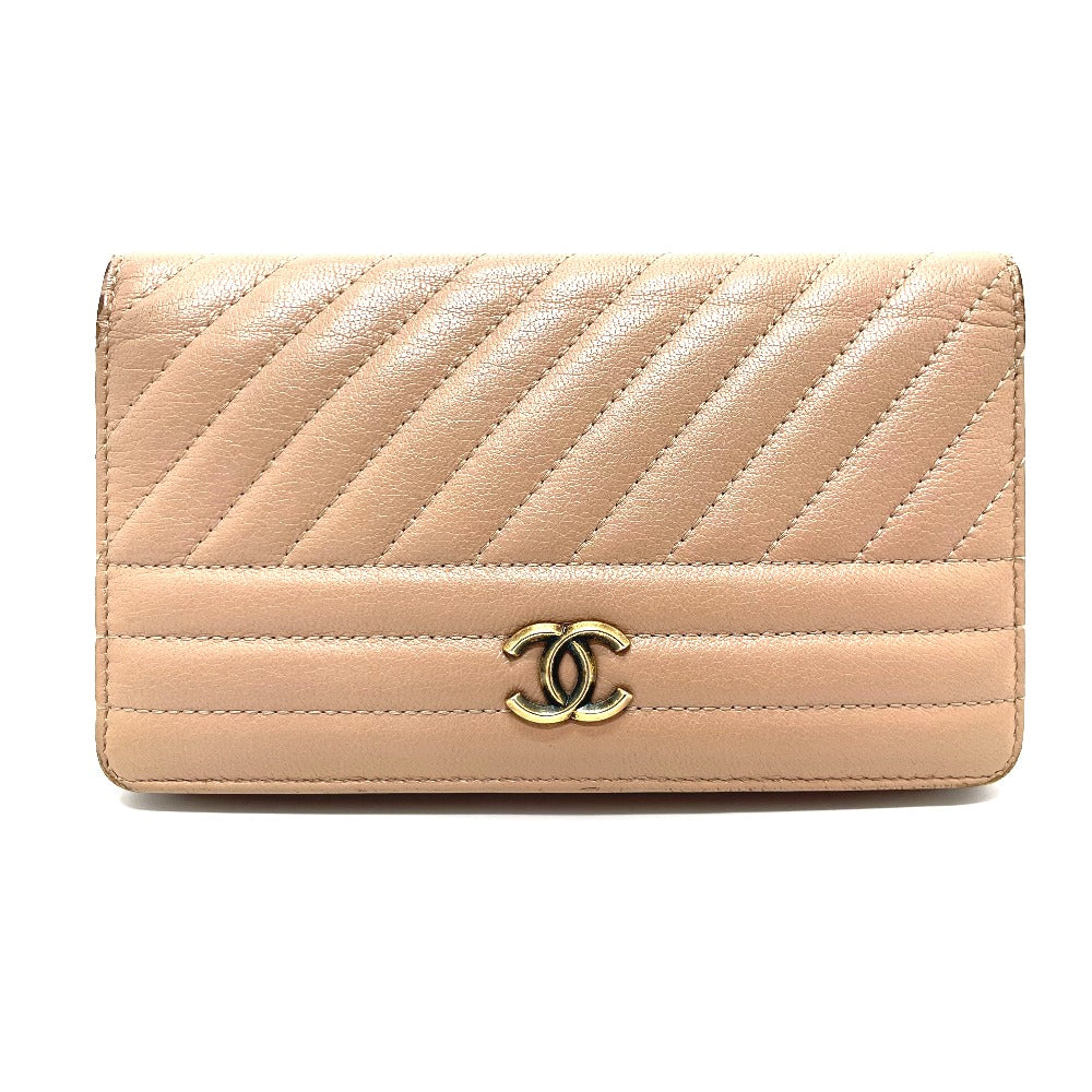 CHANEL Long Wallet Purse A82399 Goatskin beige Striped border COCO Mark Women