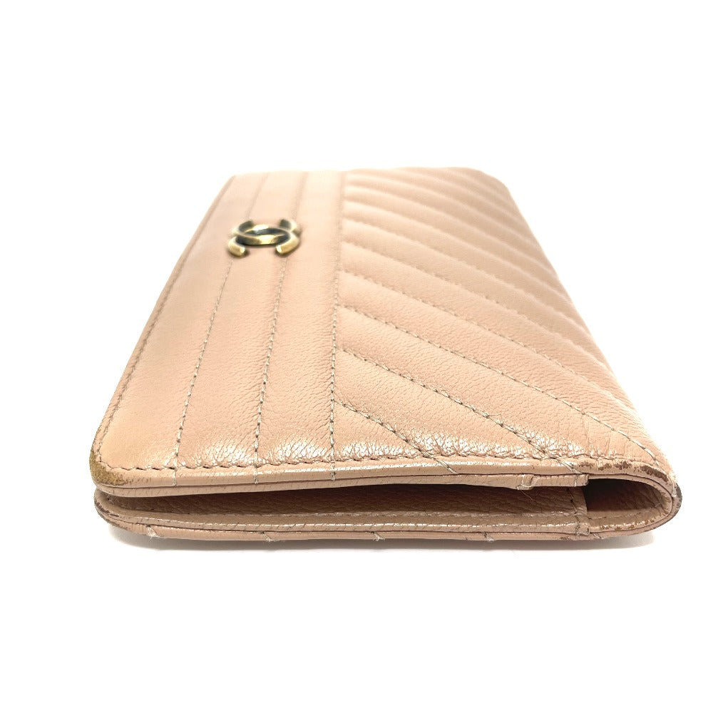 CHANEL Long Wallet Purse A82399 Goatskin beige Striped border COCO Mark Women