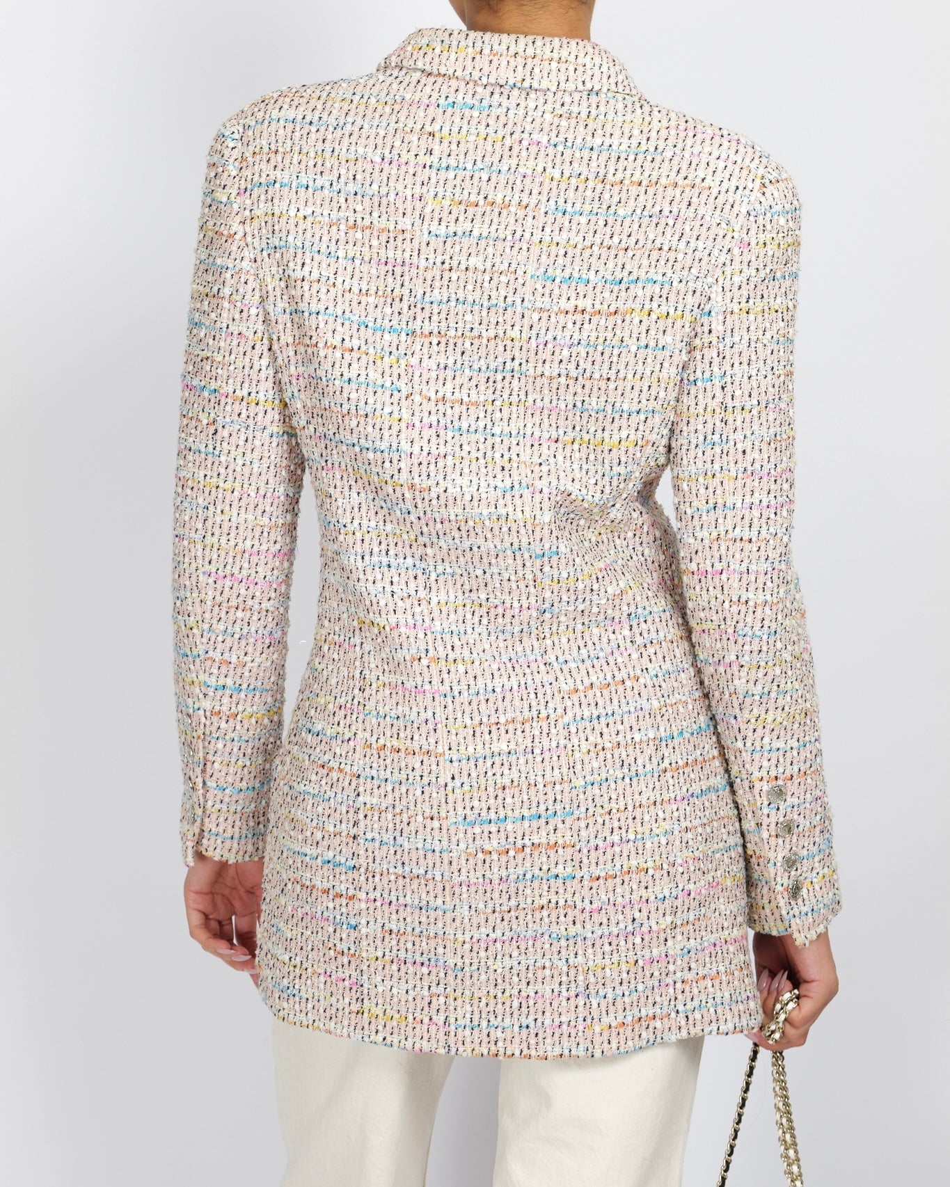 Chanel   96P Pink and Multi-Colour Tweed Long Jacket with Silver CC Logo Buttons Size FR 44 (UK 16)