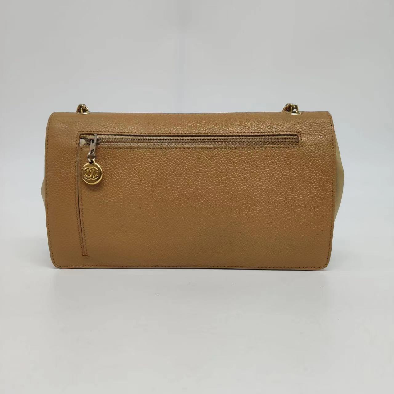 Chanel on Flap Double CC Camel Caviar Leather Wallet Case