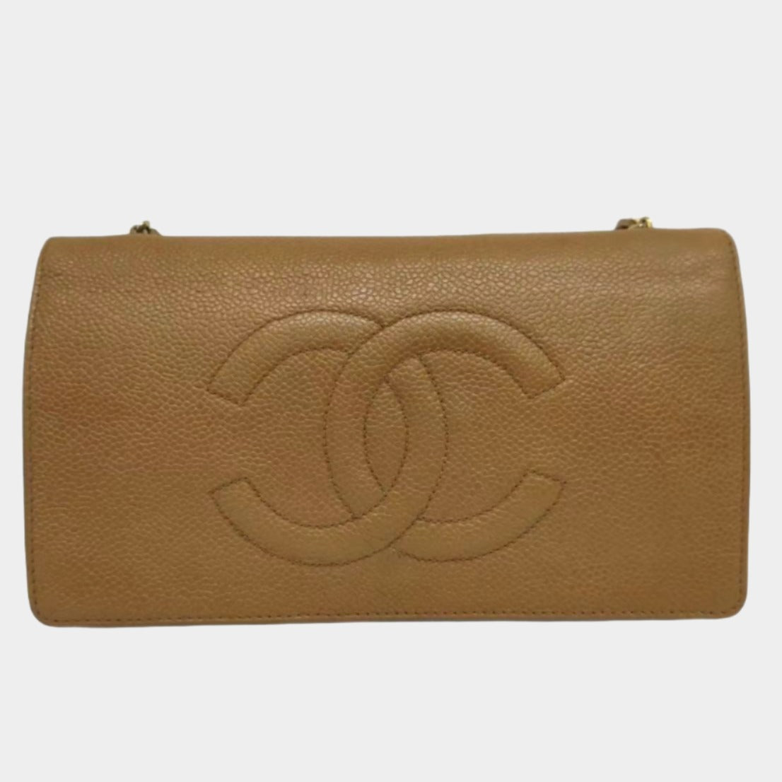 Chanel on Flap Double CC Camel Caviar Leather Wallet Case