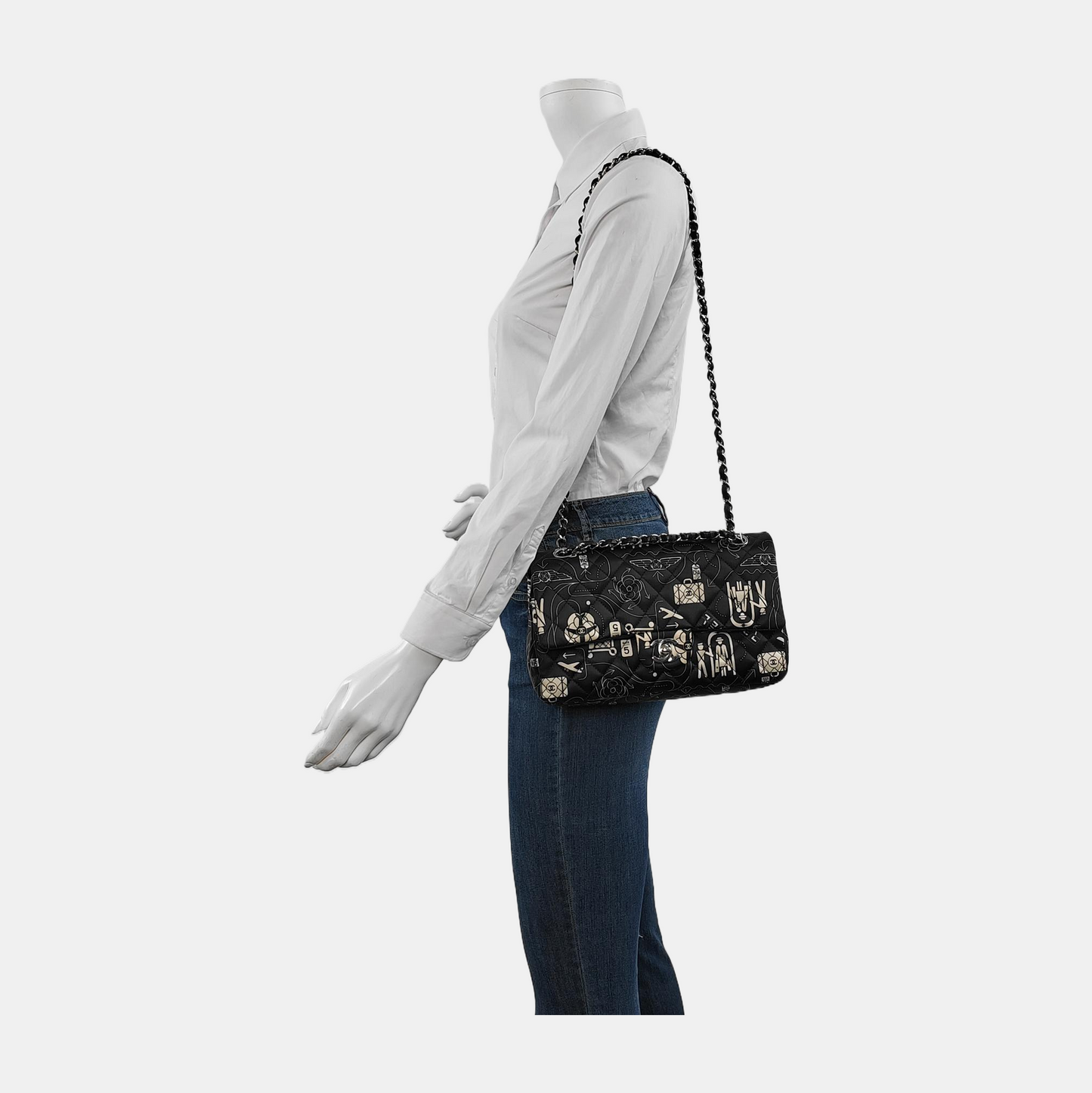 Chanel Satin Airline Printed Double Flap Black White Shoulder Bag