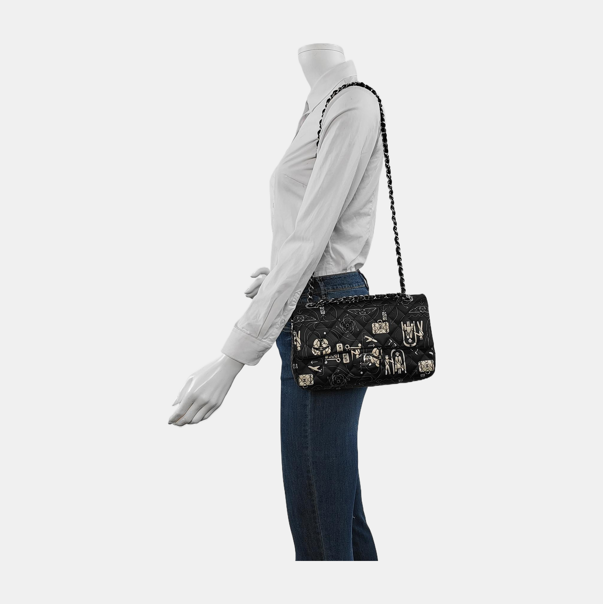 Chanel Satin Airline Printed Double Flap Black White Shoulder Bag