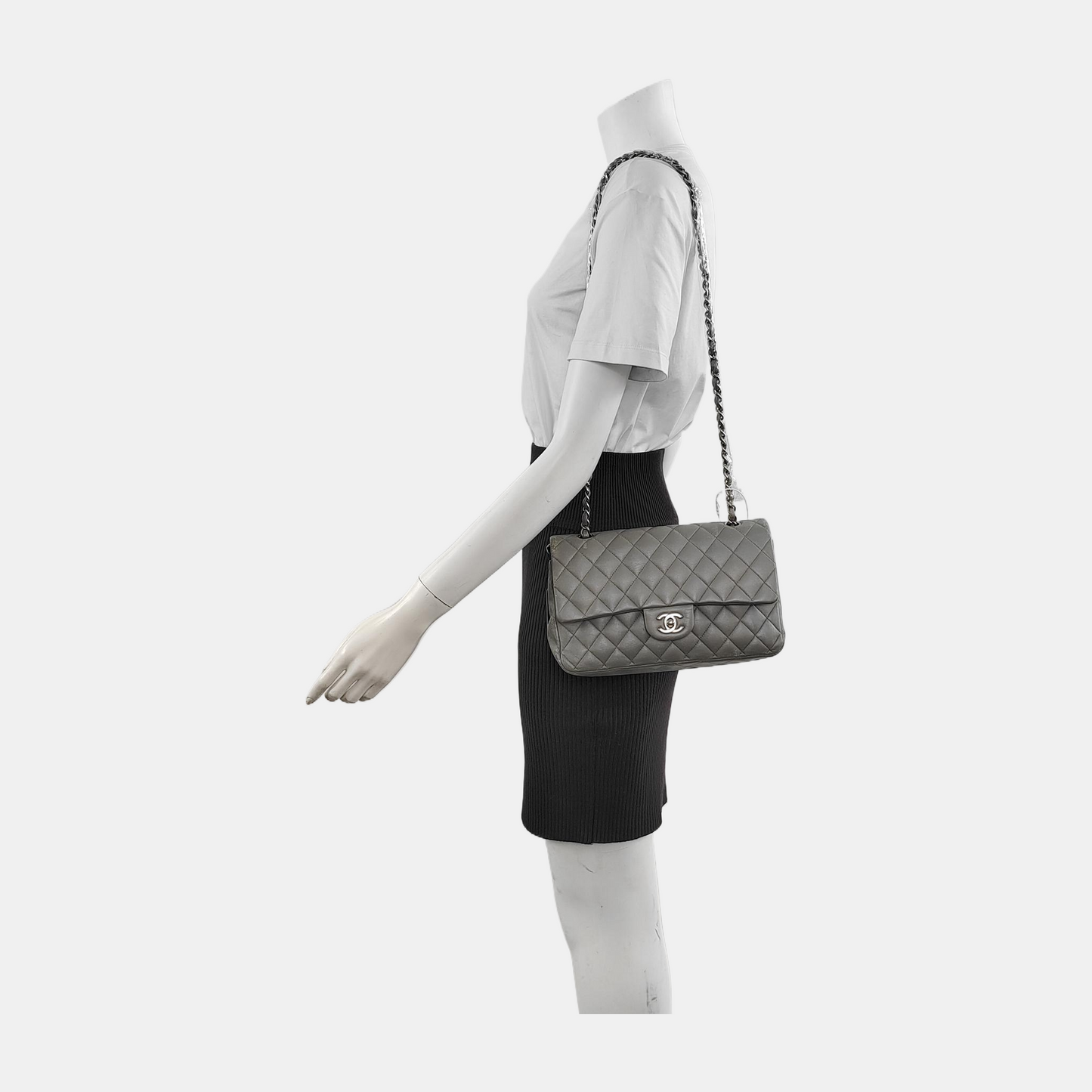 Chanel Timeless Classic Flap Lambskin Hardware Silver Grey Leather Handbag