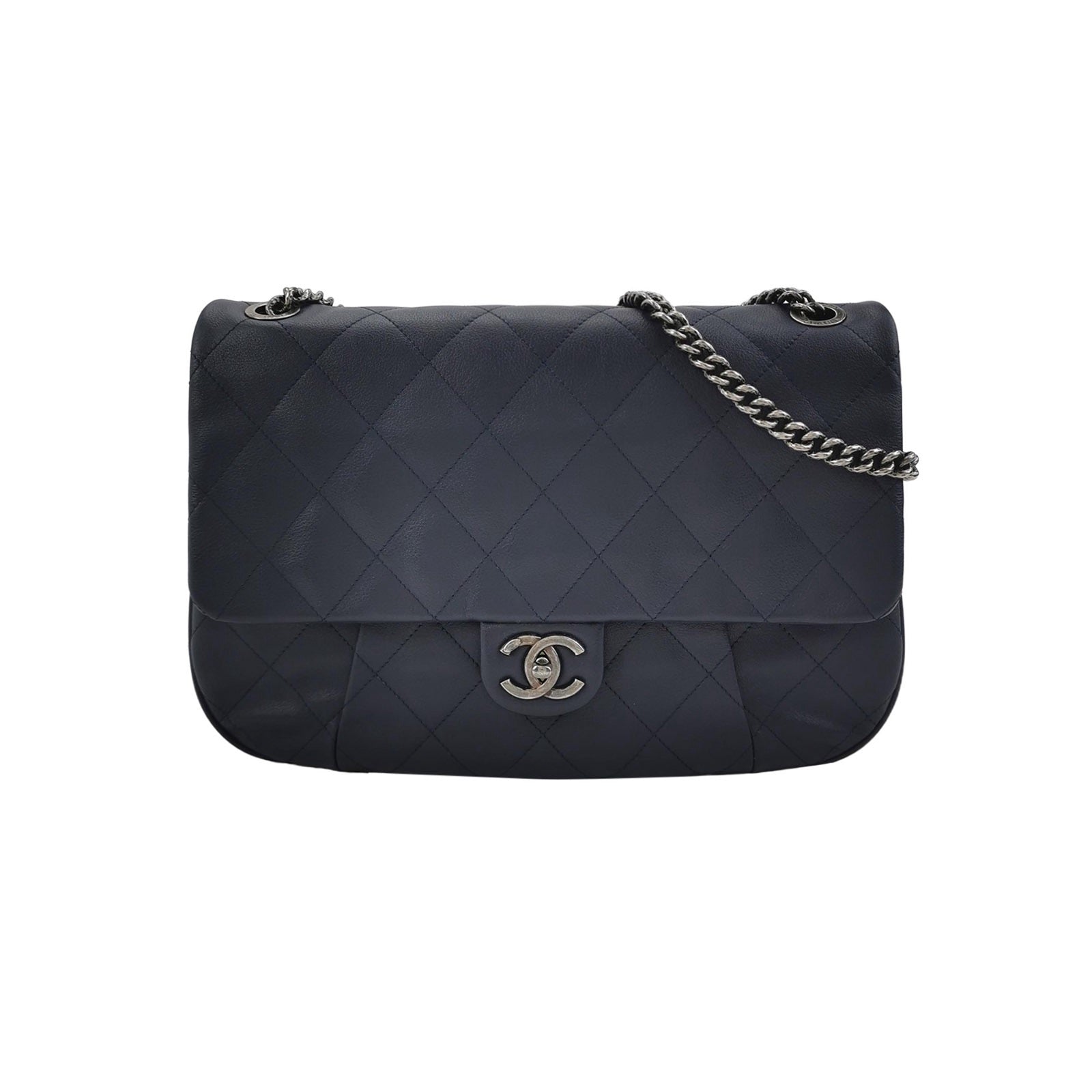 Chanel Single Flap Navy Calfskin Cannage Stitch Silver Leather Handbag