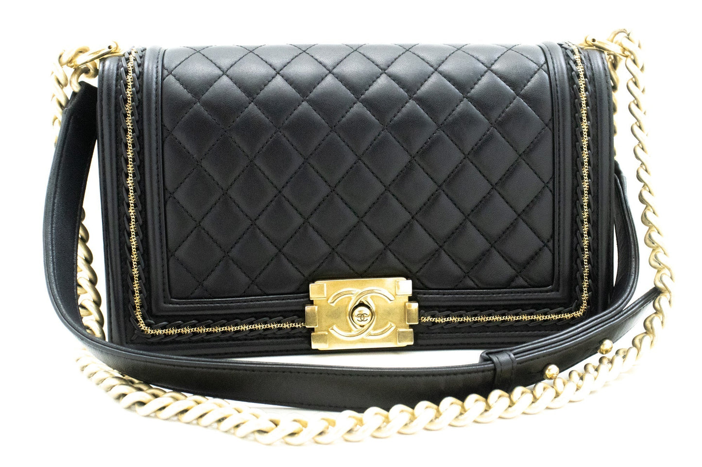 Chanel Boy Chain Shoulder Bag Black Quilted New Lambskin Leather