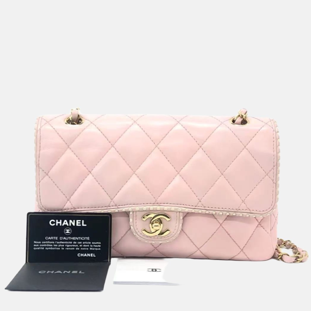 Chanel Classic Flap Happy Stitch Contrast Trim White Pink Leather Handbag