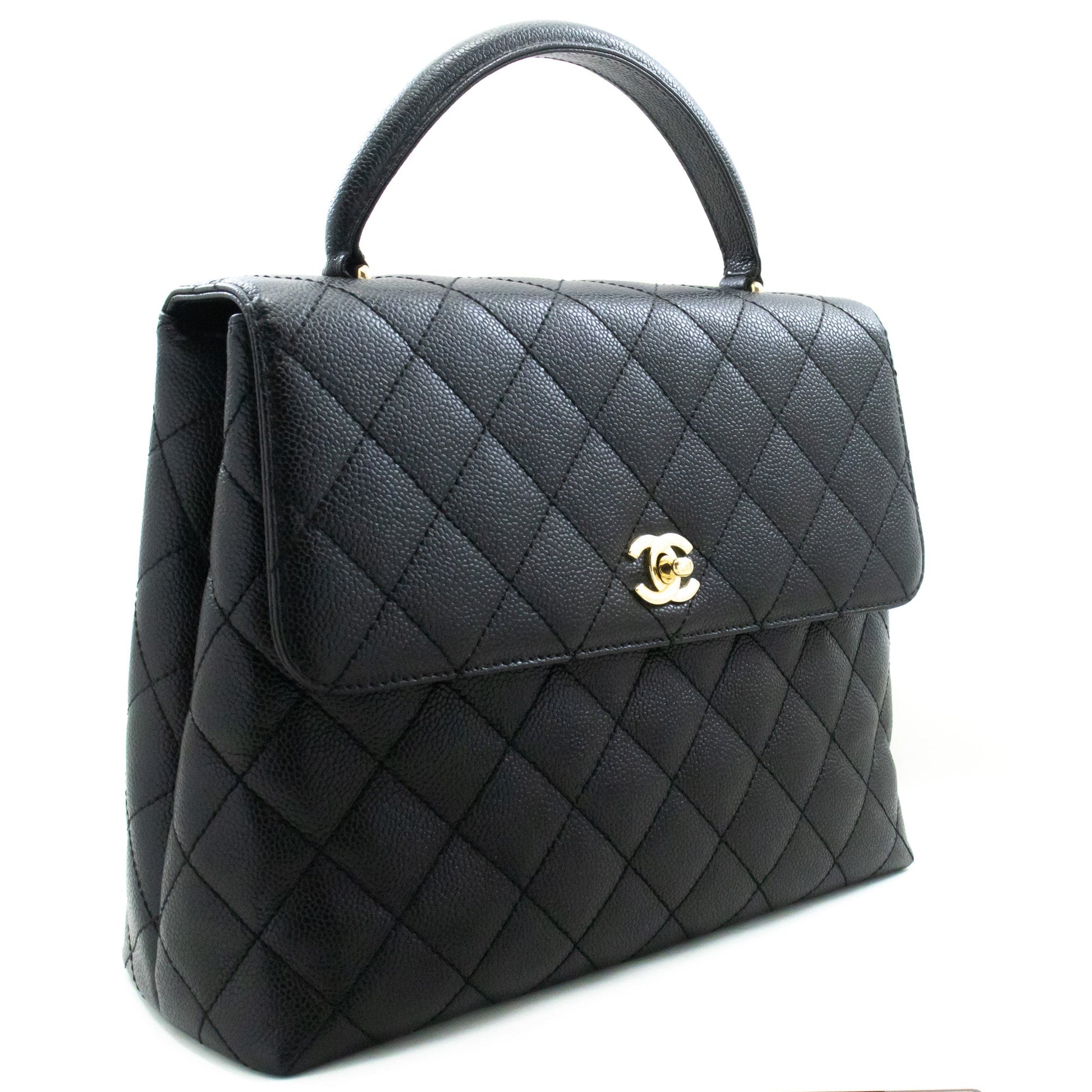CHANEL Caviar Handbag Top Handle Bag Kelly Black Flap Leather Gold