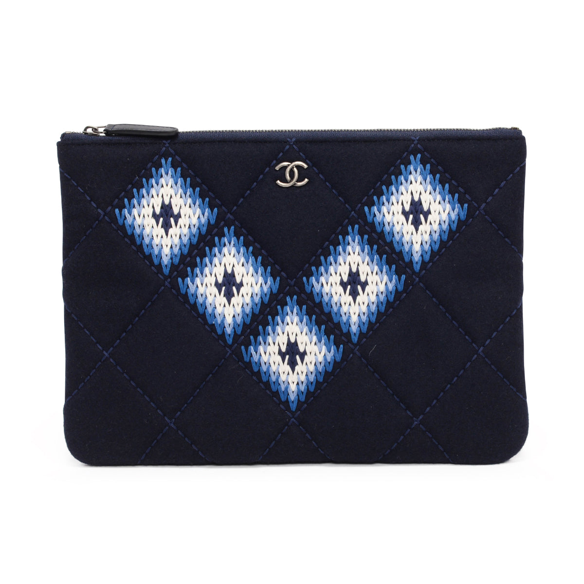 Chanel Navy Embroidered Felt Medium O-case Bag
